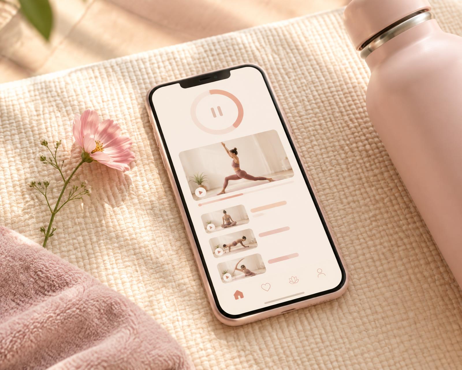 TrimPlay app on a phone lying on a yoga mat